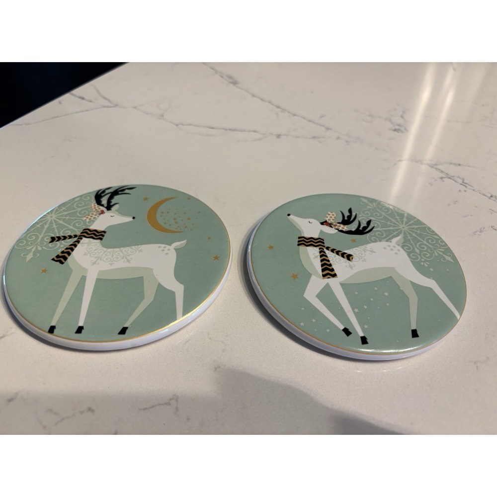 Pier 1 Winter Deer Farmhouse Stoneware Coaster‎ Set Of 2